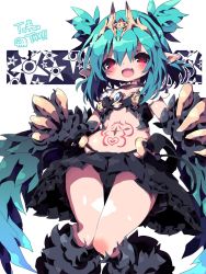 Rule 34 | 1girl, black feathers, black wings, blue hair, blush, breasts, claws, collar, commentary, dangomushi, english commentary, feathers, harpy, indie virtual youtuber, lincoro, monster girl, navel, open mouth, pointy ears, red eyes, short hair, short twintails, solo, stomach tattoo, tattoo, tiara, twintails, virtual youtuber, winged arms, wings