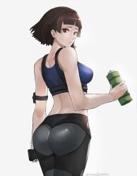 Rule 34 | 1girl, arm strap, ass, back, black pants, blue sports bra, blunt bangs, bottle, braid, breasts, brown hair, cowboy shot, crown braid, from behind, highres, holding, holding phone, looking back, medium breasts, midriff, niijima makoto, pants, parted lips, persona, persona 5, phone, red eyes, simple background, solo, sports bra, tommy (kingdukeee), water bottle, white background, yoga pants