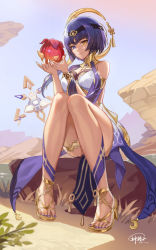 Rule 34 | 1girl, absurdres, breasts, candace (genshin impact), desert, egyptian clothes, food, fruit, full body, genshin impact, god hunter, gold footwear, gold trim, hair ornament, hands up, heterochromia, highres, holding, holding food, holding fruit, jewelry, looking at viewer, medium breasts, nail polish, purple hair, sidelocks, smile, solo, thighhighs, thighlet, toenail polish, toenails