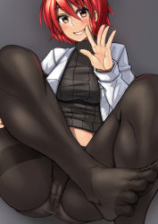 Rule 34 | 1girl, ayakumo, black pantyhose, blush, cameltoe, feet, grin, highres, horikawa raiko, long sleeves, looking at viewer, no pants, no shoes, open mouth, panties, panties under pantyhose, pantyhose, red eyes, red hair, ribbed sweater, sitting, smile, soles, solo, sweater, thighband pantyhose, toes, touhou, turtleneck, underwear