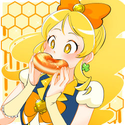 Rule 34 | 1girl, arm warmers, beehive, black vest, blonde hair, bow, bright pupils, brooch, clover earrings, commentary, cure honey, doughnut, eating, food, hair bow, happinesscharge precure!, heart, heart brooch, holding, holding food, honey, jewelry, long hair, mister donut, oomori yuuko, orange bow, ponytail, precure, puffy short sleeves, puffy sleeves, shirt, short sleeves, sidelocks, solo, sparkle, ton (ton39342104), upper body, vest, white pupils, white shirt, yellow eyes