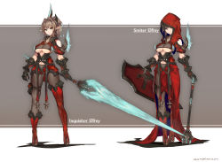 Rule 34 | asymmetrical footwear, asymmetrical legwear, black legwear, boots, breasts, brown hair, gauntlets, highres, holding, holding shield, holding sword, holding weapon, hood, knee boots, looking at viewer, mismatched footwear, mismatched legwear, navel, original, pantyhose, pixiv fantasia, pointy ears, ponytail, see-through, shield, single knee boot, single thigh boot, sword, thigh boots, thighhighs, underboob, weapon, windforcelan