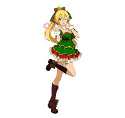 Rule 34 | 10s, 1girl, blonde hair, boots, breasts, brown footwear, christmas, cleavage, dress, frilled dress, frills, full body, green eyes, hair ornament, heart, highres, leafa, long hair, long legs, looking at viewer, medium breasts, official art, one eye closed, ponytail, simple background, solo, sword art online, sword art online: code register, white background