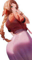 Rule 34 | 1girl, absurdres, aerith gainsborough, ass, braid, brown hair, final fantasy, final fantasy vii, green eyes, highres, long hair, looking at viewer, looking back, pleated skirt, rororo, simple background, skirt, smile, solo