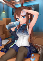 Rule 34 | 1girl, :o, amiya (arknights), animal ears, arknights, arm up, armpits, ascot, bachibachi (tisen), bare arms, bare shoulders, black jacket, blue eyes, blue skirt, bottle, breasts, brown hair, brown pantyhose, handkerchief, highres, holding, jacket, jewelry, long hair, looking at viewer, medium breasts, miniskirt, open mouth, pantyhose, ponytail, rabbit ears, ring, shirt, sitting, skirt, sleeveless, sleeveless shirt, solo, sweat, very long hair, white shirt