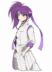 Rule 34 | 1girl, closed mouth, coat, commentary request, cowboy shot, cropped legs, frown, gloves, hand in pocket, headband, highres, long hair, looking to the side, nojima minami, pants, pretty series, pripara, purple hair, purple headband, side ponytail, simple background, sleeves rolled up, solo, standing, toudou shion, white background, white coat, white gloves, white pants, yellow eyes