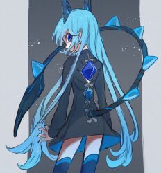 Rule 34 | 1girl, arms at sides, black coat, blue eyes, blue nails, blue thighhighs, coat, cowboy shot, demon horns, demon tail, facing away, grey background, hair over mouth, horns, indie virtual youtuber, light particles, long hair, mikeli li (artist), mikeli li (vtuber), nail polish, solo, tail, thighhighs, very long hair, virtual youtuber