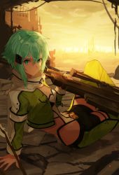 Rule 34 | 1girl, anti-materiel rifle, aqua eyes, aqua hair, arm support, bare hips, black shorts, bolt action, breasts, cleavage, closed mouth, clothing cutout, cropped jacket, duplicate, green jacket, green pants, gun, hair between eyes, hair ornament, hairclip, highres, holding, holding gun, holding weapon, jacket, looking at viewer, medium breasts, multicolored clothes, multicolored jacket, nasubin (nasubisamurai15), pants, pgm hecate ii, rifle, scarf, short hair, short shorts, shorts, sinon, sitting, slit pupils, sniper rifle, solo, sword art online, two-tone jacket, wasteland, weapon, white jacket, white scarf