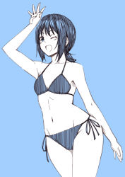 Rule 34 | 10s, 1girl, ;d, arm behind back, arm up, bikini, blue background, blue theme, fubuki (kancolle), kantai collection, kouji (campus life), low ponytail, monochrome, navel, one eye closed, open mouth, short hair, short ponytail, side-tie bikini bottom, sidelocks, simple background, sketch, smile, solo, swimsuit
