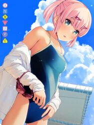 Rule 34 | 1girl, bare shoulders, blue eyes, blue sky, breasts, chiyoda momo, chuutaro metal, cloud, collarbone, competition school swimsuit, hair ornament, long sleeves, looking at viewer, machikado mazoku, medium breasts, one-piece swimsuit, open mouth, pink hair, school swimsuit, sky, solo, swim goggles, swimsuit, swimsuit under clothes, thighs, undressing