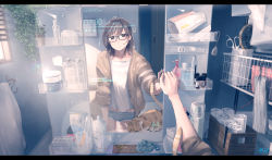 Rule 34 | 1girl, absurdres, artist name, bad id, bad pixiv id, bathroom, boyshort panties, brown eyes, brown hair, cardigan, cat, commentary request, female pov, glasses, highres, indoors, letterboxed, light particles, maeda mic, mirror, original, pov, reflection, solo, sunlight