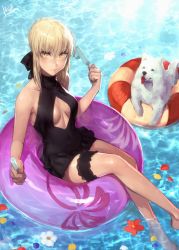 Rule 34 | 1girl, animal ears, artoria pendragon (alter swimsuit rider) (fate), artoria pendragon (alter swimsuit rider) (first ascension) (fate), artoria pendragon (fate), black ribbon, blush, breasts, bridal garter, cavall the 2nd, cleavage cutout, clothing cutout, commentary request, covered navel, crossed legs, dog, dog ears, fate/grand order, fate (series), food, highres, innertube, medium breasts, peperon (peperou), petals, popsicle, ribbon, solo, swim ring, water, yellow eyes