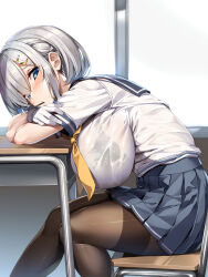 Rule 34 | 1girl, absurdres, blue eyes, blush, breasts, desk, food, gloves, grey hair, hair ornament, hair over one eye, hairclip, hamakaze (kancolle), highres, kantai collection, large breasts, looking at viewer, mouth hold, neckerchief, pantyhose, pleated skirt, pocky, school desk, school uniform, see-through, see-through shirt, serafuku, short hair, short sleeves, sitting, skirt, solo, torisan, wet, wet clothes, white gloves