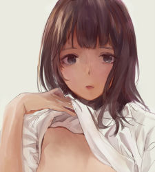 Rule 34 | 1girl, bad id, bad pixiv id, blue eyes, brown hair, close-up, clothes lift, commentary, convenient censoring, grey background, kashiwagi chisame, looking at viewer, mole, mole under mouth, original, out-of-frame censoring, parted lips, shirt, shirt lift, simple background, solo, tareme, upper body, white shirt