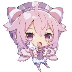 Rule 34 | 1girl, :3, :d, ahoge, big head, blush, capelet, chibi, crescent, facial mark, full body, hair between eyes, hand up, hat, highres, nijisanji, no shoes, open mouth, outstretched arm, pink capelet, pink hair, pink thighhighs, purple eyes, purple hat, purple neckwear, sapphire (sapphire25252), short jumpsuit, simple background, smile, solo, star (symbol), thighhighs, ushimi ichigo, virtual youtuber, white background