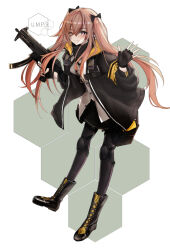 Rule 34 | armband, backpack, bag, black bow, black gloves, black pantyhose, black scarf, black skirt, boots, bow, breasts, character name, cross-laced footwear, dress shirt, fingerless gloves, girls&#039; frontline, gloves, gun, hair bow, hexagon, highres, holding, holding gun, holding weapon, hood, hooded jacket, jacket, knee pads, lace-up boots, leaning forward, light blush, light smile, liu liu, long hair, medium breasts, one eye closed, open clothes, open jacket, orange eyes, orange hair, pantyhose, scarf, shirt, skirt, ump9 (girls&#039; frontline), weapon, white background, white shirt, yellow armband