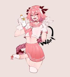 Rule 34 | 1boy, astolfo (fate), astolfo (sailor paladin) (fate), astolfo monster cosplay (meme), ball bra, black choker, bottle, choker, commentary, condom, cropped legs, english commentary, erection, fate/grand order, fate (series), gloves, hair between eyes, half-closed eyes, highres, holding, holding bottle, huge penis, long braid, long hair, male focus, meme, midriff, mole, mole under eye, multicolored hair, naughty face, neckerchief, nyantcha, official alternate costume, open mouth, penis, penis sheath, pink hair, pink skirt, pleated skirt, school uniform, serafuku, short sleeves, simple background, skirt, solo, streaked hair, testicles, thighhighs, trap, v, very long hair, white gloves, white hair
