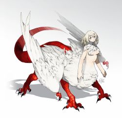Rule 34 | 1girl, blonde hair, breasts, centauroid, chimera, claws, closed mouth, commentary request, commission, dragon tail, dungeon meshi, falin touden, falin touden (chimera), feathered wings, feathers, full body, hair between eyes, highres, korean commentary, large breasts, looking at viewer, monster girl, navel, sepo (mito609), shadow, short hair, sidelocks, signature, simple background, smile, solo, spoilers, standing, stomach, tail, talons, taur, underboob, white background, white feathers, wings, yellow eyes
