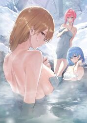 Rule 34 | 3girls, aqua hair, bare shoulders, bathing, blonde hair, blue eyes, blush, breasts, brown eyes, closed mouth, collarbone, fumi fumi (7837224), hair between eyes, highres, large breasts, long hair, looking at viewer, mixed-sex bathing, multiple girls, naked towel, nude, onsen, original, outdoors, partially submerged, pink hair, shared bathing, smile, snow, snowscape, solo, steam, towel, water, wet, winter