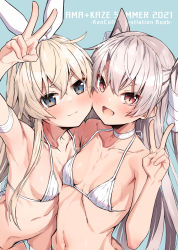 Rule 34 | 2girls, amatsukaze (kancolle), bikini, blonde hair, blush, breasts, brown eyes, closed mouth, collarbone, cover, cover page, fang, grey eyes, hair between eyes, highres, kantai collection, long hair, multiple girls, navel, open mouth, shimakaze (kancolle), silver hair, skin fang, small breasts, smile, swimsuit, takanashi kei (hitsujikan), two side up, upper body, v, white bikini
