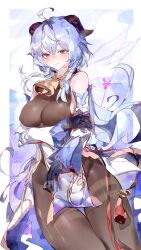 Rule 34 | 1girl, absurdres, ahoge, bare shoulders, black gloves, blue hair, blush, bodystocking, breasts, cocoballking, commentary request, covered erect nipples, cowboy shot, detached sleeves, ganyu (genshin impact), genshin impact, gloves, highres, horns, large breasts, long hair, long sleeves, looking at viewer, purple eyes, solo, standing, thighs, very long hair
