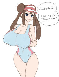 Rule 34 | 10s, 1girl, blue eyes, blush, breast lift, breasts, brown hair, cameltoe, cleavage, competition swimsuit, covered erect nipples, covered navel, creatures (company), curvy, double bun, game freak, hair bun, huge breasts, impossible clothes, jadf, large breasts, long hair, narrow waist, nintendo, one-piece swimsuit, pokemon, pokemon bw2, rosa (pokemon), sideboob, sidelocks, swimsuit, twintails, visor cap