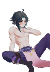 Rule 34 | 1boy, abs, genshin impact, green hair, highres, huahua123569, male focus, multicolored hair, muscular, muscular male, navel, nipples, pants, spread legs, topless male, white background, xiao (genshin impact), yellow eyes