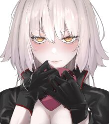 Rule 34 | 1girl, black gloves, black jacket, blush, box, breasts, cleavage, closed mouth, fate/grand order, fate (series), gift, gift box, gloves, grey hair, hands up, heart-shaped box, highres, holding, holding gift, jacket, jeanne d&#039;arc alter (fate), lips, long hair, looking at viewer, loose hair strand, medium breasts, portrait, ri o ne su, simple background, slit pupils, solo, sweat, valentine, white background, yellow eyes