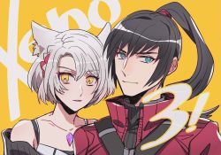 Rule 34 | 1boy, 1girl, animal ears, black hair, blue eyes, cat ears, chest jewel, closed mouth, collarbone, hair tie, jacket, long hair, looking at viewer, m s gz, mio (xenoblade), noah (xenoblade), ponytail, red jacket, shirt, short hair, simple background, smile, tank top, white hair, white jacket, xenoblade chronicles (series), xenoblade chronicles 3, yellow eyes