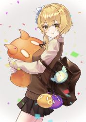 Rule 34 | 1girl, absurdres, bag, black ribbon, black skirt, blonde hair, brown bag, brown sweater vest, closed mouth, commentary request, confetti, flower, from side, genshin impact, hair between eyes, hair flower, hair ornament, highres, hug, long sleeves, looking at viewer, lumine (genshin impact), muitarou, neck ribbon, ribbon, school bag, school uniform, shirt, short hair, short hair with long locks, simple background, skirt, slime (genshin impact), smile, solo, sweater vest, white background, white shirt, yellow eyes