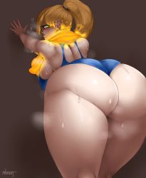 Rule 34 | 1girl, absurdres, against wall, artist name, ass, back, blonde hair, blue one-piece swimsuit, blush, breasts, glasses, glowing, green eyes, highres, huge ass, large breasts, long hair, looking back, metroid, nezulet, nintendo, one-piece swimsuit, ponytail, samus aran, sideboob, solo, steam, sweat, swimsuit, thick thighs, thighs, towel, wide hips