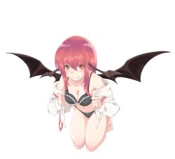 Rule 34 | 1girl, absurdres, bad id, bad pixiv id, barefoot, bat wings, blush, bra, embodiment of scarlet devil, female focus, full body, hayagiri, head wings, highres, koakuma, lingerie, long hair, open clothes, open shirt, panties, red eyes, red hair, shirt, simple background, smile, solo, touhou, underwear, undressing, white background, wings