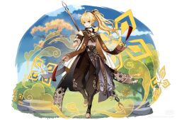 Rule 34 | 1boy, ahoge, ankle boots, baihua er, black choker, blonde hair, blue sky, boots, brown footwear, brown pants, bush, choker, cloud, faux figurine, full body, genshin impact, grass, highres, holding, holding polearm, holding weapon, long hair, original, pants, polearm, ponytail, rock, shirt, sky, solo, spear, tree, weapon, weapon behind back, white shirt, yellow eyes