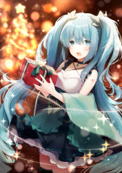 Rule 34 | 1girl, :d, black bow, black choker, black skirt, black thighhighs, blue eyes, blue hair, blush, bow, box, choker, christmas, collarbone, commentary, commentary request, gift, gift box, hair between eyes, hair bow, hatsune miku, hatsune miku graphy collection, holding, holding gift, long hair, looking at viewer, open mouth, pleated skirt, shirt, skirt, smile, solo, suzumori uina, thighhighs, twintails, very long hair, vocaloid, white shirt
