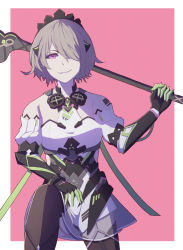 Rule 34 | 1girl, bare shoulders, black gloves, border, brown hair, elbow gloves, evil grin, evil smile, female focus, gas mask, gloves, grin, hair over one eye, hand on own knee, highres, holding, holding weapon, honkai (series), honkai impact 3rd, looking at viewer, maid headdress, mask, pink background, purple eyes, rita rossweisse, rita rossweisse (phantom iron), scythe, short hair, smile, solo, v-shaped eyebrows, weapon, yang zheng yu