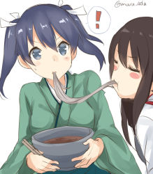 Rule 34 | !, 10s, 2girls, :t, = =, akagi (kancolle), blue eyes, blue hair, blush, blush stickers, bowl, brown hair, closed eyes, eating, food, hair between eyes, hair ribbon, holding, japanese clothes, kantai collection, kimono, long hair, looking at another, maruki (punchiki), mouth hold, multiple girls, noodles, ribbon, shared food, short hair, simple background, sketch, soba, souryuu (kancolle), spoken exclamation mark, surprised, sweat, twintails, twitter username, white background, yuri