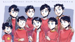 Rule 34 | 6+boys, artist name, billy batson, black hair, blue eyes, commentary, crossed arms, dated, dc comics, frown, hand on shoulder, jacket, justice league, male focus, multiple boys, multiple persona, open hand, open mouth, sen (sen69), shazam, smile, star (symbol), sweater, turtleneck