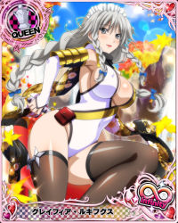 Rule 34 | 10s, 1girl, artist request, braid, breasts, bridal gauntlets, card (medium), character name, chess piece, cleavage, grayfia lucifuge, grey eyes, high school dxd, high school dxd infinity, katana, large breasts, lipstick, long hair, maid headdress, makeup, ninja, official art, queen (chess), red lips, scarf, shuriken, silver hair, sword, thighhighs, weapon