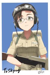 Rule 34 | 1girl, absurdres, beret, blue background, braid, breasts, brown hair, collared shirt, commission, commissioner name, commissioner upload, dated, eleanor dickens, epaulettes, glasses, gloves, goggles, goggles on headwear, gun, half body, hat, headphones, highres, makaze (t-junction), medium breasts, medium hair, military, military rank insignia, military uniform, non-web source, shirt, signature, simple background, skeb commission, sleeves rolled up, solo, swept bangs, trigger discipline, uniform, weapon, witches of africa, world witches series