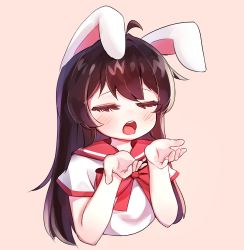 Rule 34 | 1girl, animal ears, bad id, bad twitter id, brown hair, rabbit ears, closed eyes, hands up, highres, kosobin, long hair, open mouth, original, pink background, school uniform, serafuku, shirt, simple background, solo, tongue, tongue out, upper body, white shirt