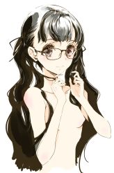Rule 34 | 1girl, black-framed eyewear, black hair, breasts, brown eyes, collarbone, endou okito, glasses, hair ribbon, image sample, long hair, nipples, nude, original, ribbon, simple background, small breasts, solo, twintails, white background