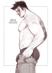 Rule 34 | 1boy, abs, aira (loveisinthe aira), alternate costume, arm hair, bara, boku no hero academia, bouncing ass, boxers, bulge, bulge lift, clothes pull, denim, dressing, endeavor (boku no hero academia), from side, greyscale, jeans, large bulge, large pectorals, long sideburns, looking at viewer, male focus, male underwear, mature male, meme, messy hair, monochrome, muscular, muscular male, never seen a guy recreate this (meme), nipples, pants, pants pull, parted lips, pectorals, short hair, sideburns, solo, spiked hair, stomach, topless male, underwear, wardrobe malfunction