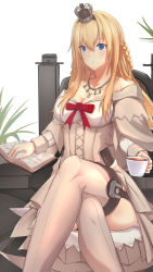 Rule 34 | 10s, 1girl, antiqq, bad anatomy, bare shoulders, blonde hair, blue eyes, book, braid, breasts, corset, crossed legs, crown, cup, detached sleeves, dress, flower, french braid, garter straps, hair between eyes, hairband, highres, jewelry, kantai collection, long hair, long sleeves, looking at viewer, medium breasts, mini crown, necklace, off-shoulder dress, off shoulder, open book, poorly drawn, red flower, red ribbon, red rose, ribbon, rose, sitting, smile, solo, teacup, thighhighs, thighs, warspite (kancolle), white dress, white thighhighs