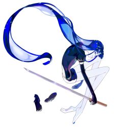 Rule 34 | 1other, androgynous, barefoot, black gloves, black necktie, blue eyes, blue hair, blue nails, blue theme, crossed legs, crystal hair, elbow gloves, floating hair, full body, gem uniform (houseki no kuni), gloves, highres, holding, holding sword, holding weapon, houseki no kuni, lapis lazuli (houseki no kuni), loafers, long hair, long legs, looking at viewer, nail polish, necktie, other focus, profile, puffy short sleeves, puffy sleeves, shoe soles, shoes, short sleeves, sideways glance, simple background, smile, solo, sword, toenail polish, toenails, translucent hair, tri angle7, unworn shoes, very long hair, weapon, white background