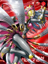 Rule 34 | 1girl, armor, blade, blue skin, breastplate, cape, colored skin, crown, digimon, digimon (creature), digimon collectors, facial mark, female focus, gauntlets, helmet, leg lift, long hair, lowres, monster girl, official art, open mouth, pale skin, queenchessmon, ribbon, shoulder pads, solo, tiara, white hair