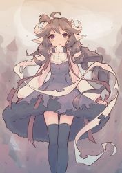 Rule 34 | 1girl, absurdres, ahoge, animal ears, arknights, black dress, black thighhighs, blush, brown eyes, brown hair, commentary, dress, eyjafjalla (arknights), feet out of frame, hair ornament, heart, heart hair ornament, highres, horns, ichi (ichi.colors), long hair, long sleeves, looking at viewer, one side up, parted lips, puffy long sleeves, puffy sleeves, sheep ears, sheep girl, sheep horns, solo, thighhighs, torn clothes, torn dress, very long hair
