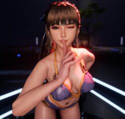 1girl 3d bikini blue_bikini blue_monsoon_(stellar_blade) breasts brown_hair cleavage closed_mouth eve_(stellar_blade) finger_to_mouth game_cg indoors long_hair medium_breasts navel official_art one_eye_closed ponytail smile stellar_blade stomach swimsuit wink