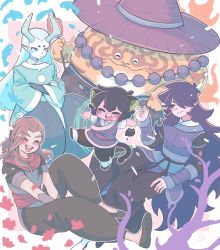 Rule 34 | 5boys, animal ears, aqua eyes, aqua hair, black hair, black pants, blush, brown hair, cat boy, cat ears, cat tail, closed eyes, fengxi (the legend of luoxiaohei), hair over one eye, hat, highres, horns, jewelry, long hair, long sleeves, luo xiaohei, luo xiaohei (human), luo xiaohei zhanji, luozhu (the legend of luoxiaohei), multiple boys, necklace, nonna-himaneta, open mouth, outline, pants, pointy ears, purple hair, short hair, short sleeves, smile, tail, tianhu (the legend of luoxiaohei), very long hair, white outline, wide sleeves, xuhuai (the legend of luoxiaohei)
