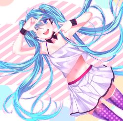 Rule 34 | 1girl, ;d, bad id, bad pixiv id, blue eyes, blue hair, collarbone, detached collar, floating hair, hair ornament, hatsune miku, headphones, highres, long hair, looking at viewer, midriff, miniskirt, navel, one eye closed, open mouth, pleated skirt, polka dot, polka dot legwear, purple thighhighs, shiny skin, skirt, sleeveless, smile, solo, standing, stomach, striped, striped background, superdiviatomic, tank top, thighhighs, twintails, very long hair, vocaloid, white skirt, white tank top, wristband, zettai ryouiki