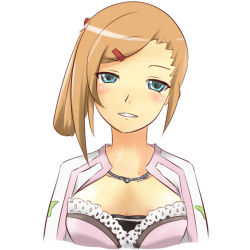 Rule 34 | 1girl, blue eyes, blush, breasts, brown hair, cleavage, driselle k. sharil, frills, hair ornament, long hair, lowres, open mouth, tales of (series), tales of xillia